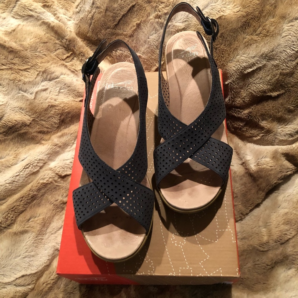 Dansko Blue Suede Crisscross Wedge Sandals